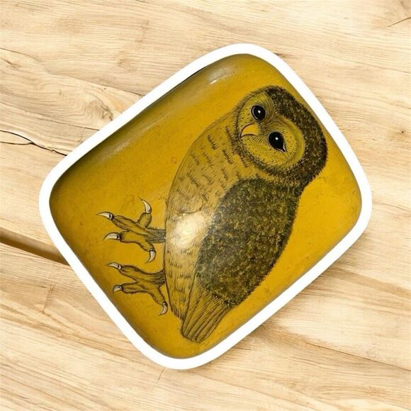 Vintage Owl Decorative Jewelry Box Small 70s Yellow Accent Decor - Picture 1 of 9